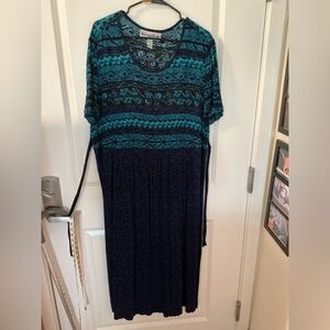 18W rayon dress, blues and greens.